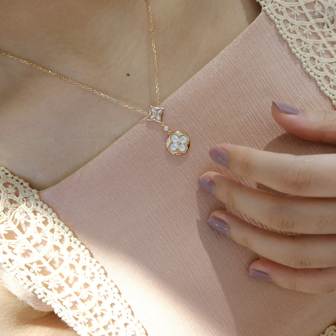 [⭐Seralia]STAR AND SUN WHITE MOP 2 MOTIF PINK GOLD NECKLACE