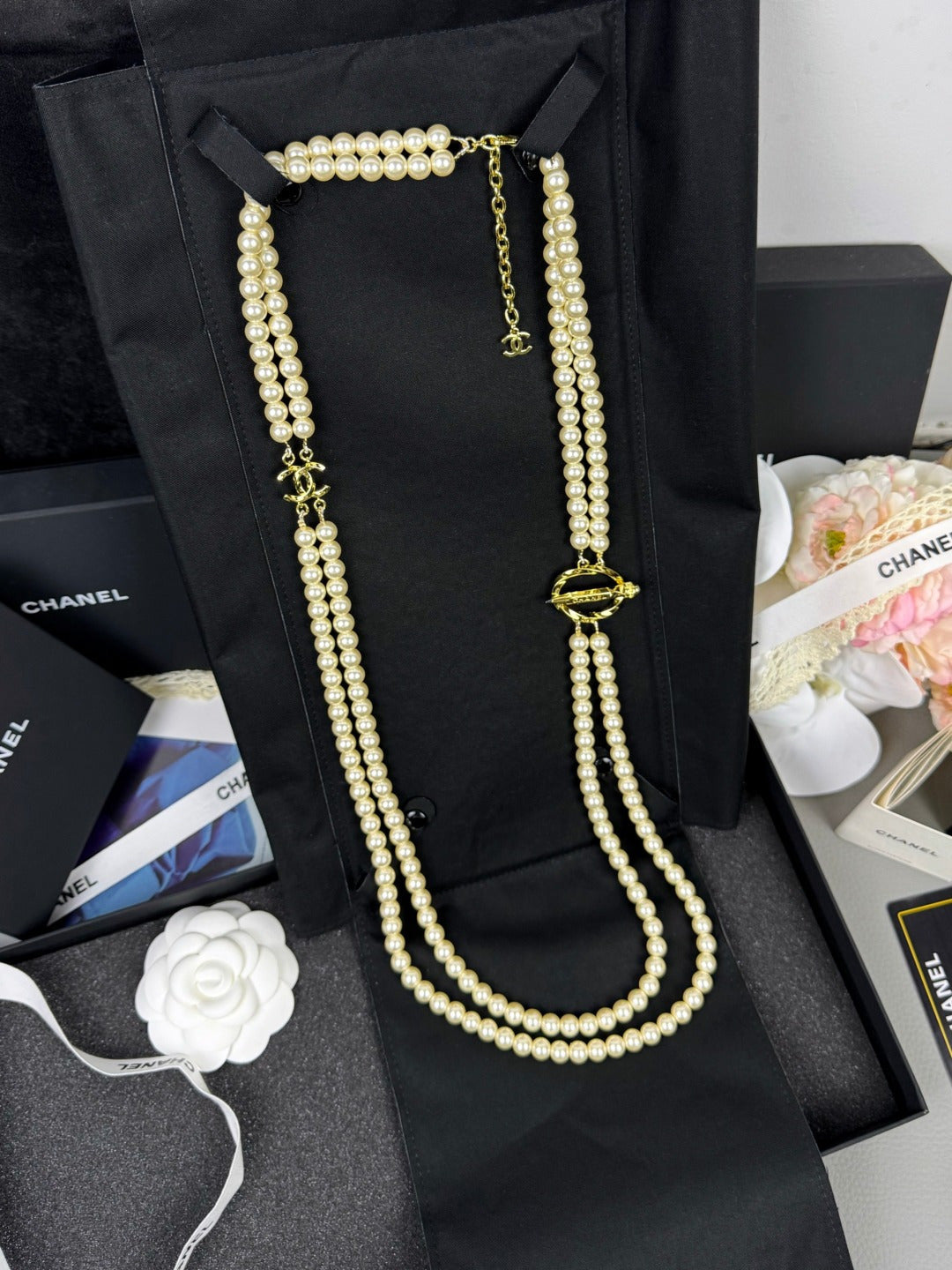 [⭐Seralia]25K Pencil Double C Double-Layer Pearl Sweater Chain