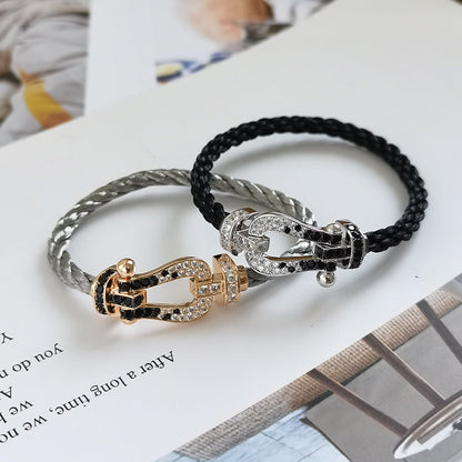[⭐Seralia]FORCE LARGE HORSESHOE BLACK WHITE DIAMOND BRACELET SILVER
