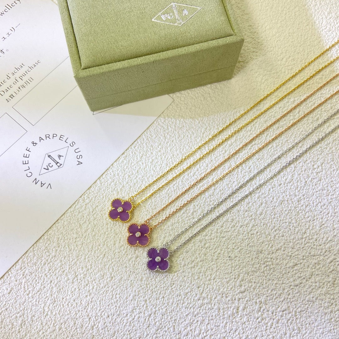 [⭐Seralia Jewelry]CLOVER 15MM DIAMOND  PURPLE VIOLET NECKLACE