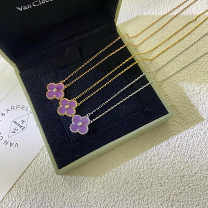 [⭐Seralia Jewelry]CLOVER 15MM DIAMOND  PURPLE VIOLET NECKLACE